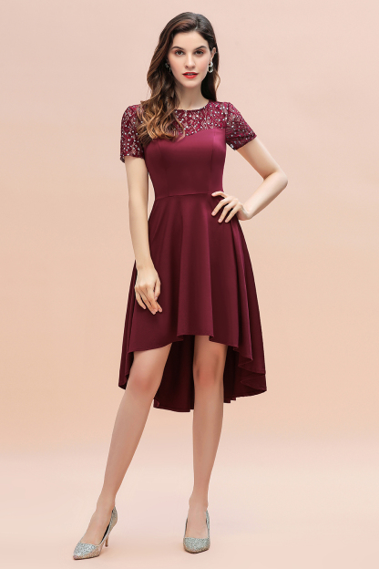 BMbridal Lovely Jewel Satin Sequins Bridesmaid Dress Short Sleeve Burgundy Cocktail Dress