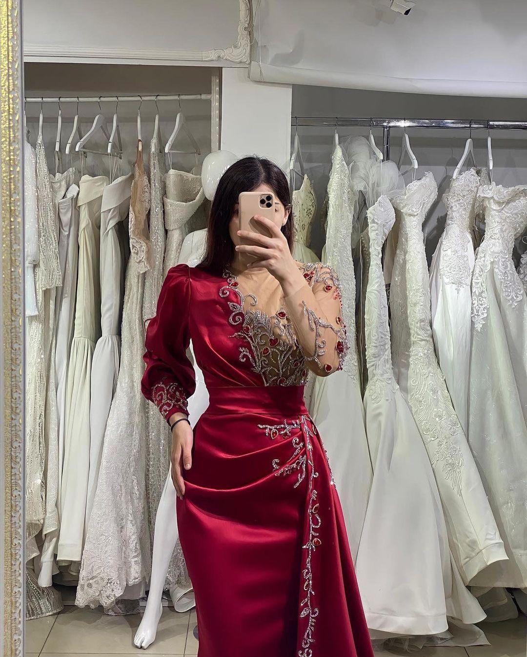 Bmbridal Burgundy Long Sleeves Prom Dress Mermaid Long With Beads