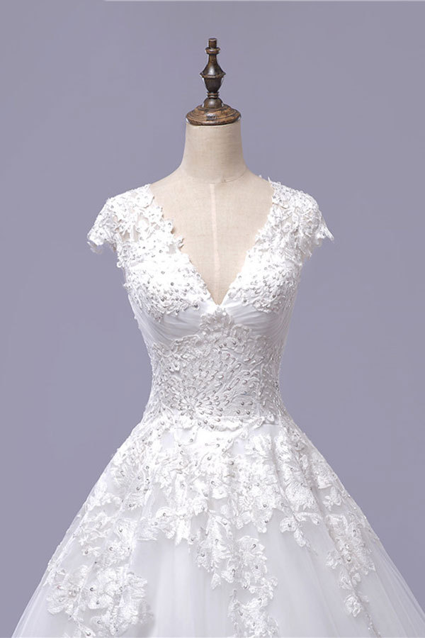 BMbridal Gorgeous V-neck A-line Tulle Wedding Dresses Appliques White Shortsleeves Bridal Gowns On Sale-BMbridal