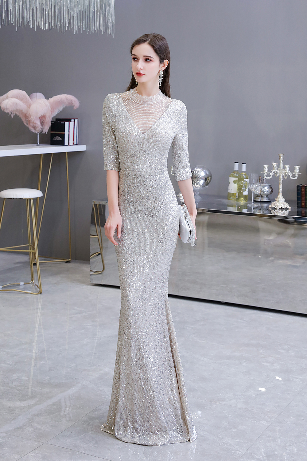 BMbridal Silver Half Sleeve Sequins Prom Dress Mermaid Long Evening Gowns