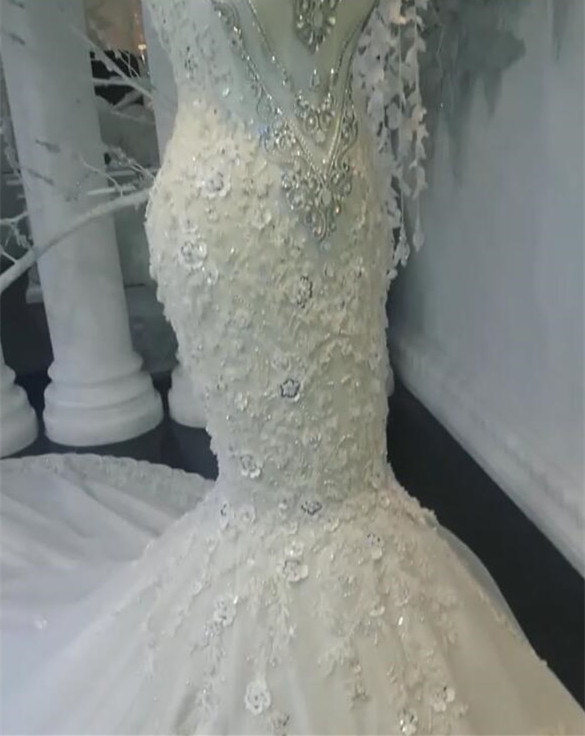 BMbridal Unique Jewel Sleeveless White Wedding Dresses Mermaid Lace Bridal Gowns With Appliques Online-BMbridal