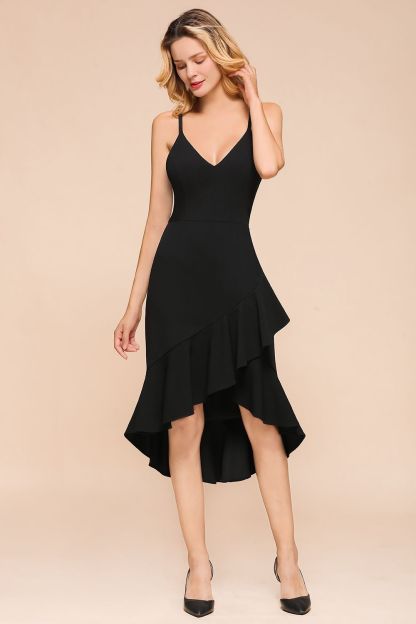 BMbridal Sexy Black Spaghetti-Strap Short Prom Dress Mermaid Ruffles Homecoming Dress