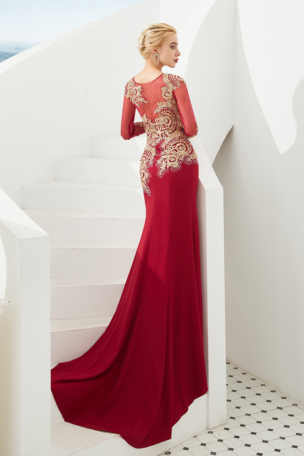 BMbridal Burgundy Long Sleeve Mermaid Prom Dress With Gold Appliques Online