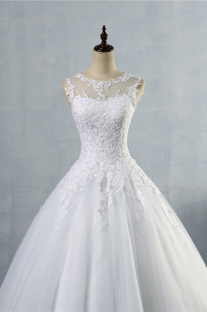 BMbridal Ball Gown Jewel Tulle Lace Wedding Dress White Appliques Sleeveless Bridal Gowns On Sale