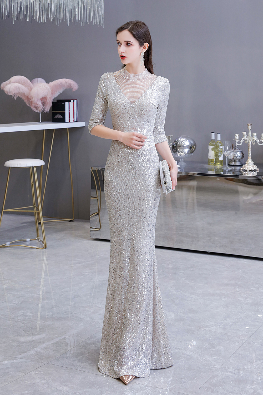 BMbridal Silver Half Sleeve Sequins Prom Dress Mermaid Long Evening Gowns