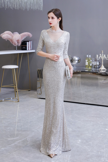 BMbridal Silver Half Sleeve Sequins Prom Dress Mermaid Long Evening Gowns