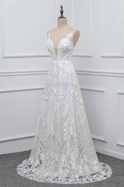 BMbridal Boho Spaghetti Straps V-Neck Appliques Wedding Dresses White Sleeveless Bridal Gowns On Sale-BMbridal