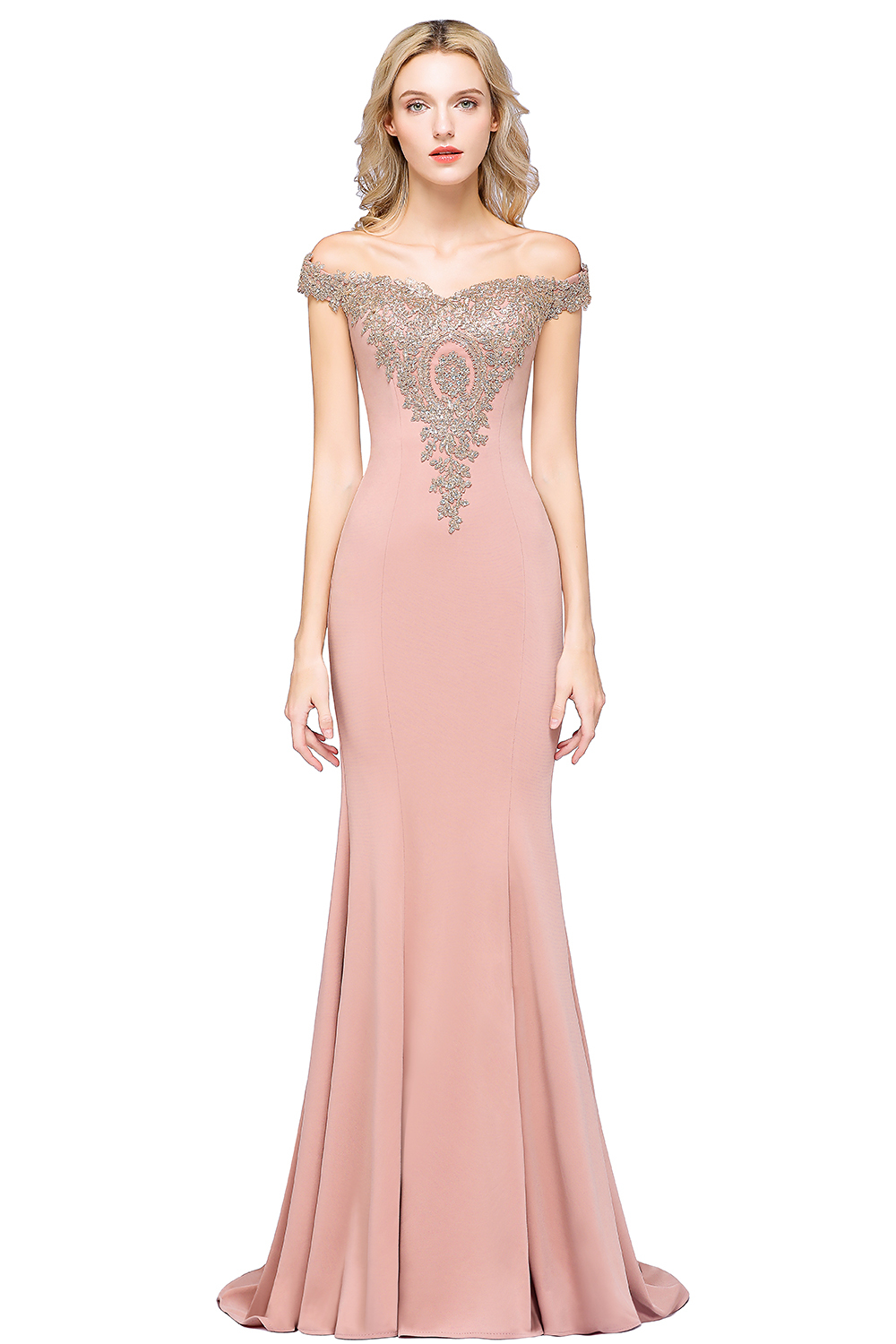 BMbridal Elegant Off-the-Shoulder Mermaid Prom Dress Long With Lace Appliques