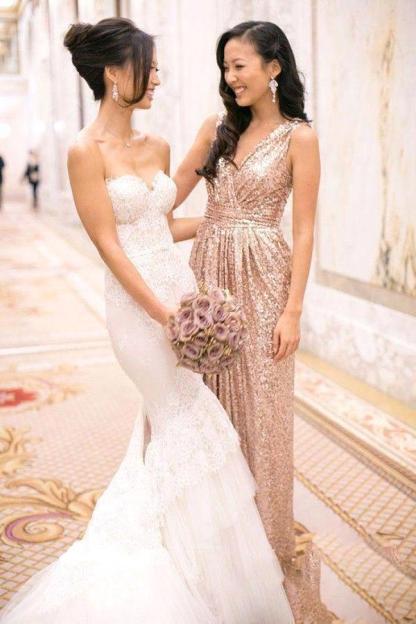 BMbridal Elegant A-line Open Back Sequins Sleeveless V-neck Evening Dress