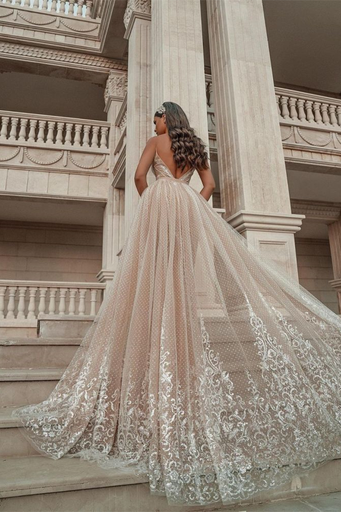 Spaghetti-Strap Mermaid Wedding Dress with Applique Ruffles