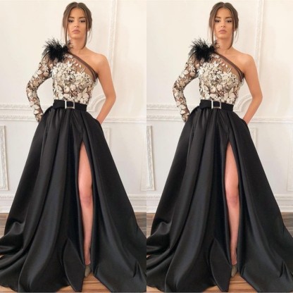 Bmbridal One Shoulder Long Sleeves Prom Dress Split With Appliques