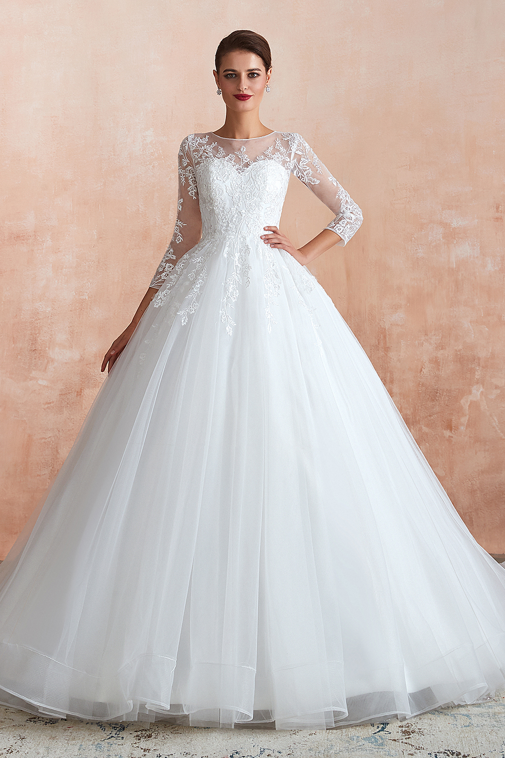 BMbridal Affordable Lace Jewel White Tulle Wedding Dresses with 3/4 Sleeves
