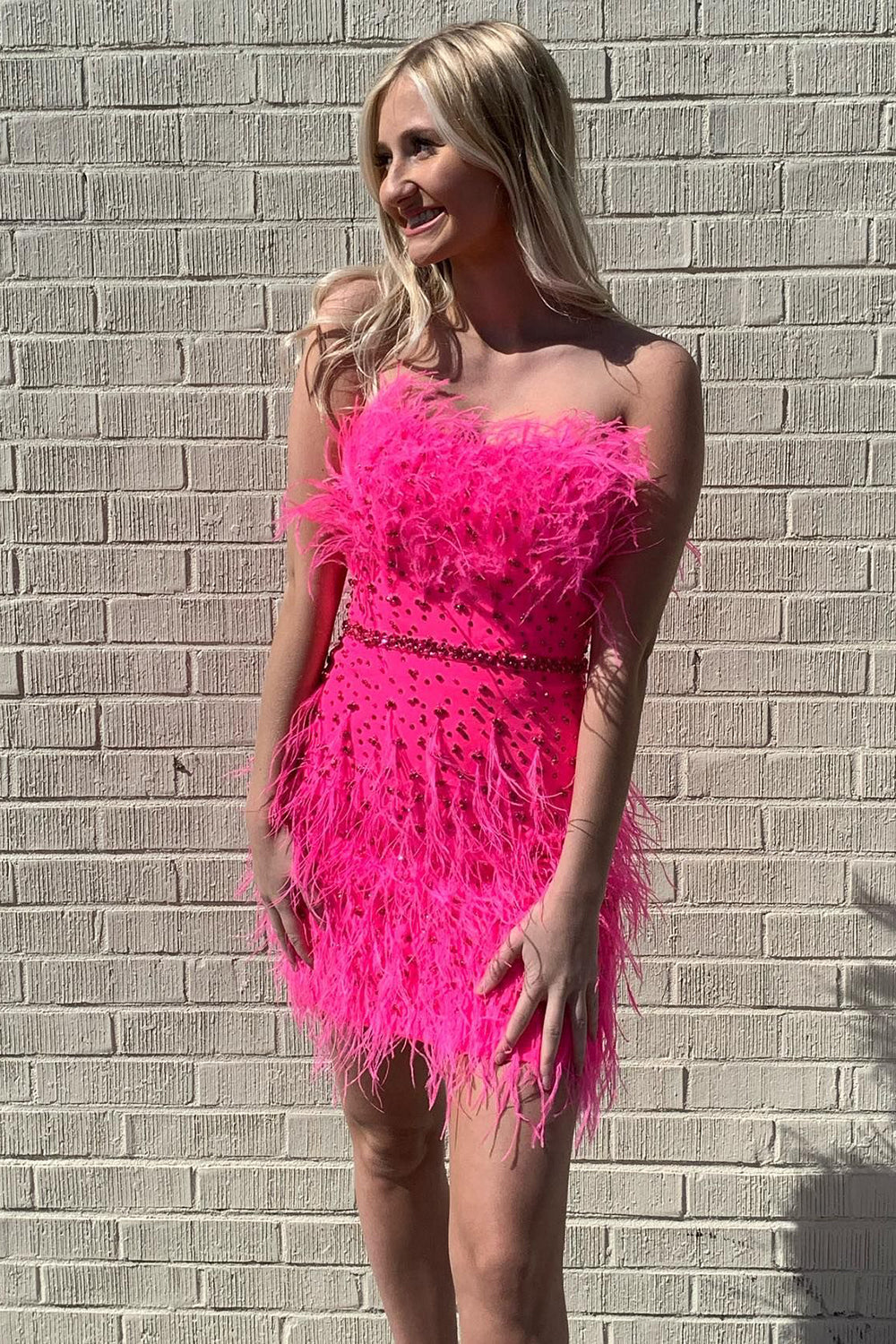 Sparkly Fuchsia Beaded Tight Short Homecoming Dress with Feathers-BMbridal