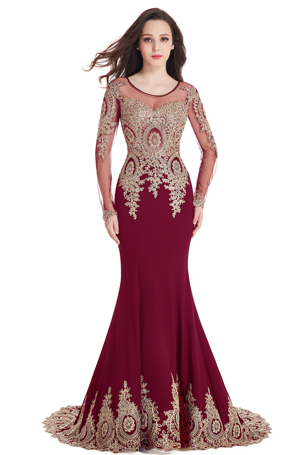 Gorgeous Long Sleeve Mermaid Evening Party Gowns With Lace Appliques