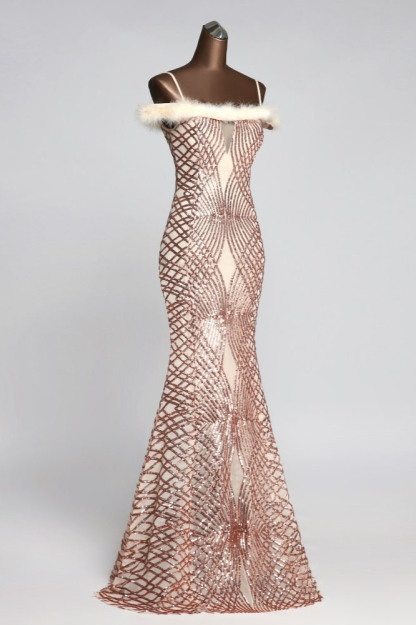 BMbridal Glamorous Sequined Off-the-Shoulder Mermaid Prom Dresses with Fur