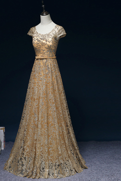 BMbridal Gorgeous Tulle Lace Jewel Gold Prom Dresses Short Sleeves Appliques A-Line Formal Dresses