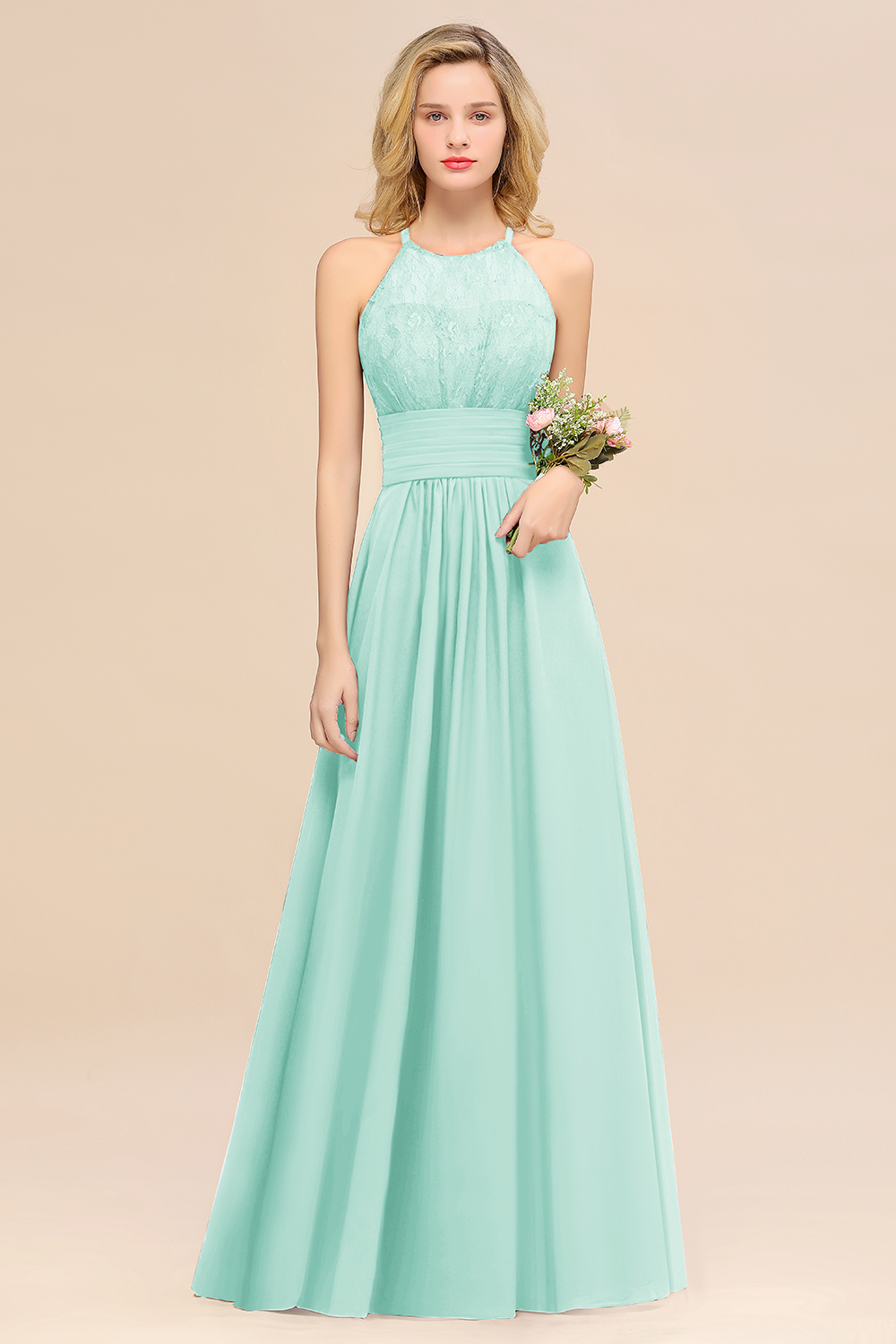 BMbridal Elegant Halter Ruffles Sleeveless Grape Lace Bridesmaid Dresses Affordable-BMbridal