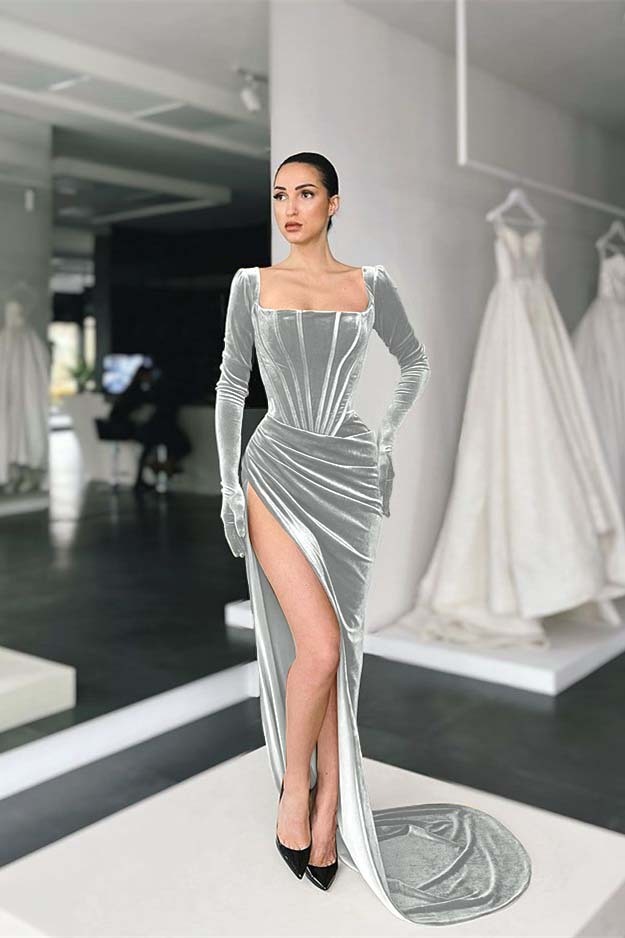 Stunning Square Neck Long Sleeves Pleated Long Prom Dress With Side Split