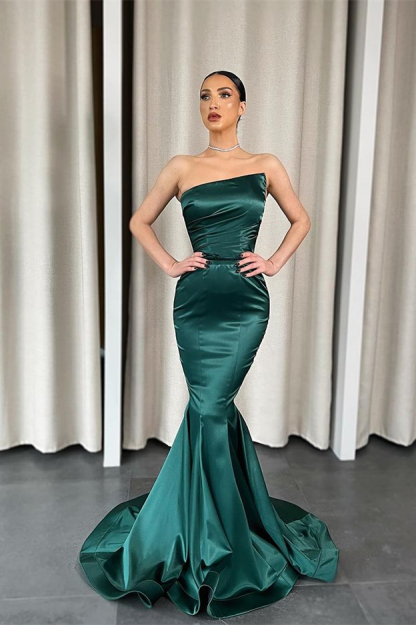 Bmbridal Dark Green Mermiad Satin Strapless Dress with Ruffles