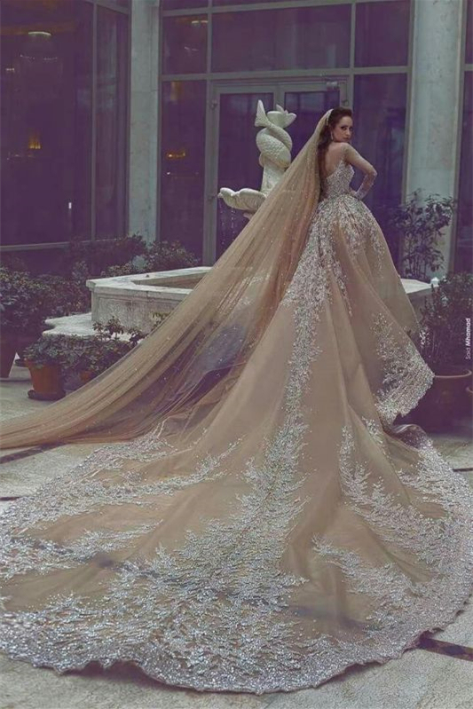 Long Sleeves Beads Ball Gown Wedding Dress with Appliques