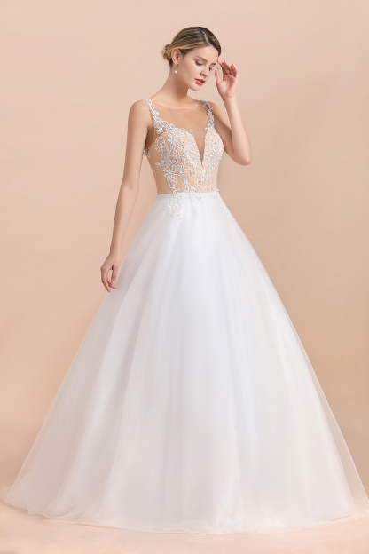 BMbridal Gorgeous Tulle Lace V-Neck Sleeveless Wedding Dress Online