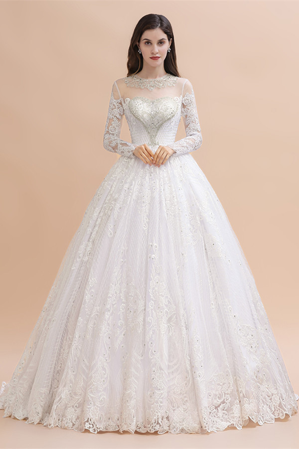 BMbridal Glamorous Jewel Tulle Lace Wedding Dress Long Sleeves Appliques Beadings Bridal Gowns Online-BMbridal