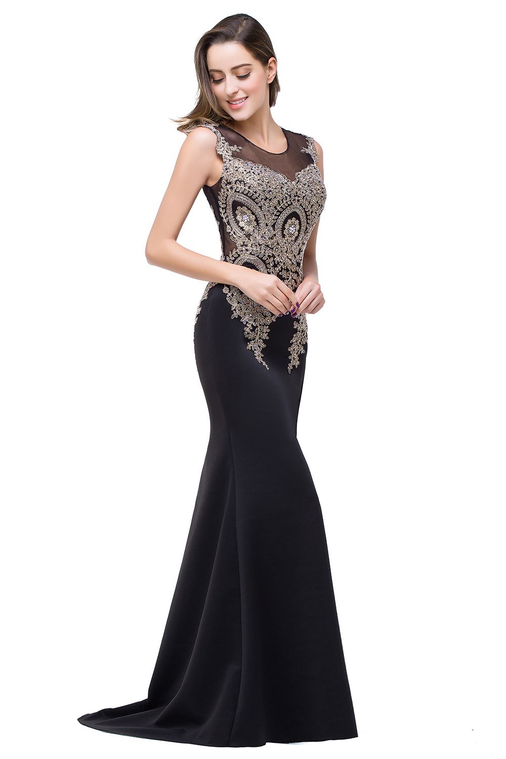 BMbridal Black Mermaid Long Prom Dress With Lace Appliques