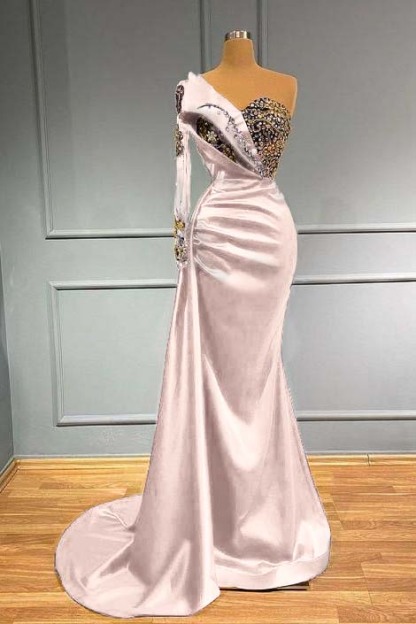 Dark Blue Long Sleeve One Shoulder Pleated Mermaid Prom Dress With Beadings