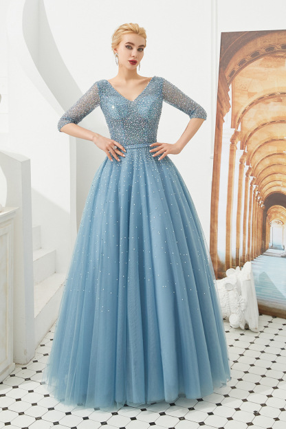 BMbridal Dusty Blue V-Neck Half-Sleeve Prom Dress Long With Beadings Lace-up