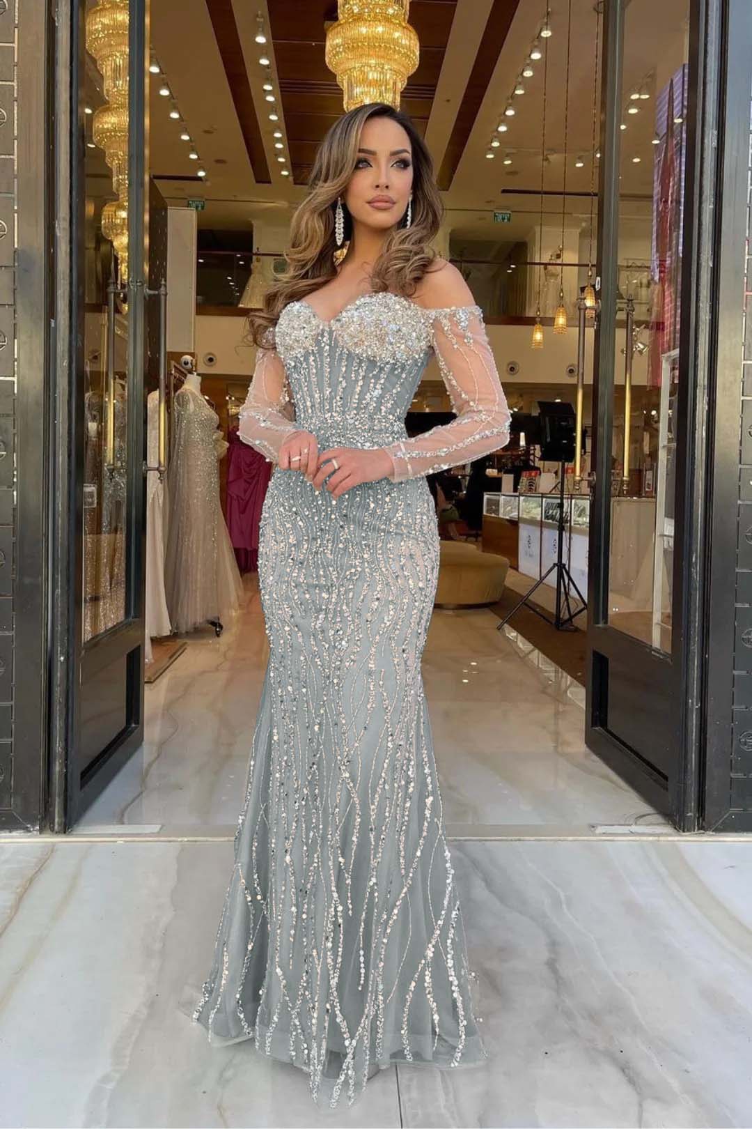 Heavy Prom Dress Sweetheart Long Sleeves Strapless Beading Long Tulle