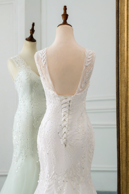 BMbridal Affordable V-Neck Appliques Mermaid Wedding Dresses with Beadings Online