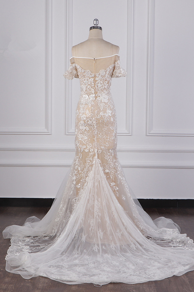 BMbridal Glamorous Mermaid Tulle Lace Wedding Dress Appliques Beadings Short Sleeves Bridal Gowns On Sale-BMbridal