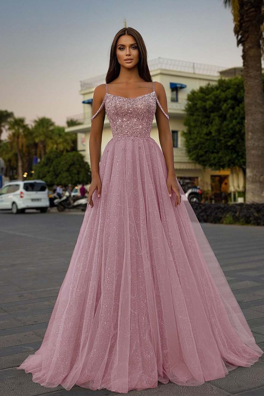 Tulle Spaghetti Strap Sleeveless A Line Long Prom Dress With Sequins Beads