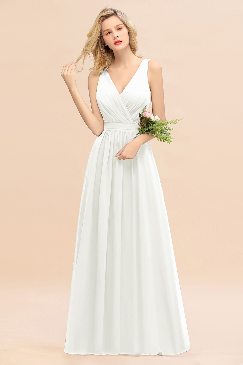 BMbridal Affordable V-Neck Ruffle Long Grape Chiffon Bridesmaid Dress with Bow-BMbridal
