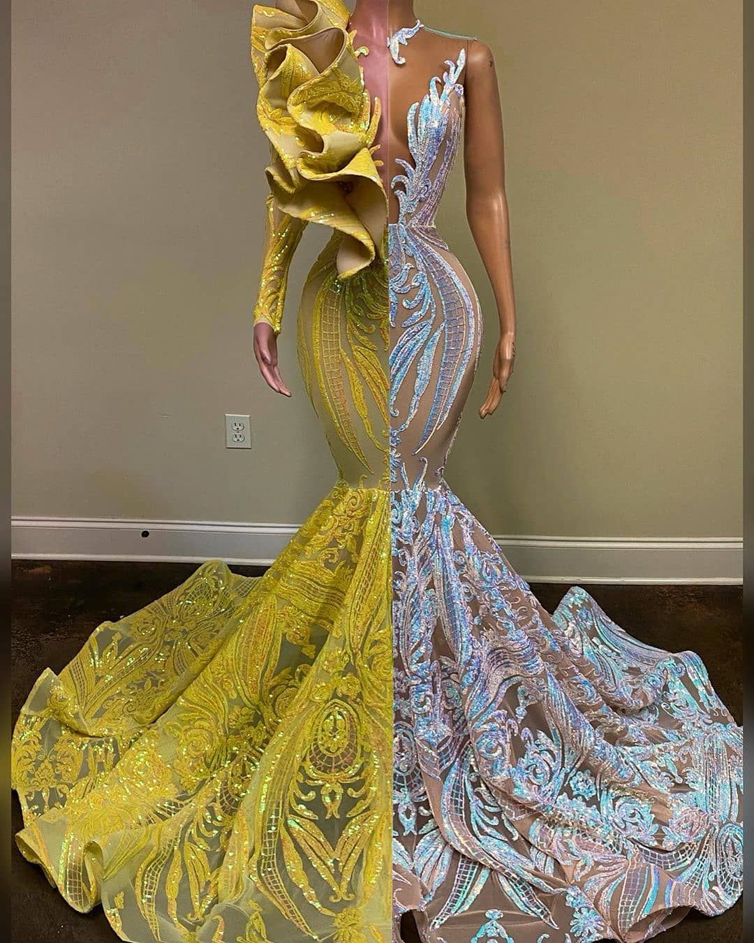 Bmbridal Sequins Mermaid Prom Dress Long With Ruffle