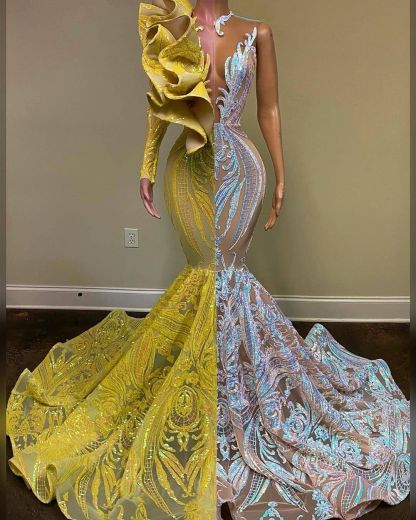 Bmbridal Sequins Mermaid Prom Dress Long With Ruffle
