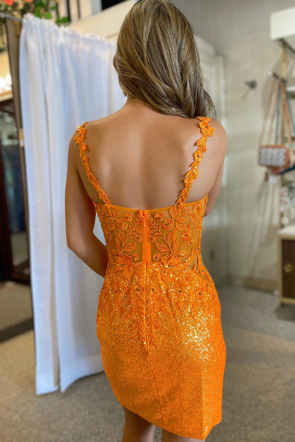 Glitter Orange Corset Sequins Tight Short Homecoming Dress with Appliques-BMbridal