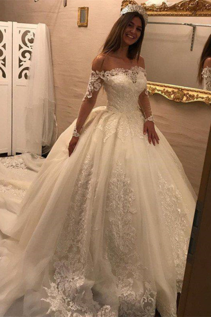 Long Sleeves Off-the-Shoulder Ball Gown Wedding Dress with Lace Appliques
