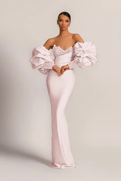 Charming Purple Strapless Mermaid Long Prom Dress With Appliques Puff Sleeves