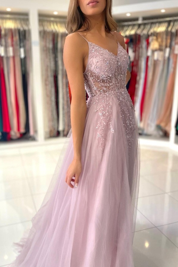 BMbridal Spaghetti-Straps Long Prom Dress Sleeveless Tulle With Beadings