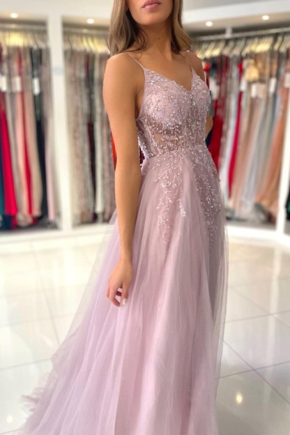 BMbridal Spaghetti-Straps Long Prom Dress Sleeveless Tulle With Beadings