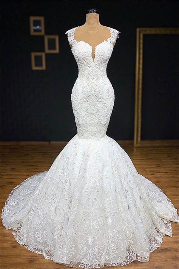 BMbridal Unique White Straps Mermaid Wedding Dresses With Appliques Tulle Ruffles Lace Bridal Gowns Online-BMbridal