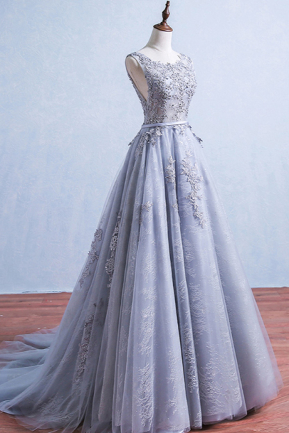 BMbridal Elegant Jewel Tulle Lace Prom Dresses Sleeveless Appliques Ruffles Party Dresses On Sale