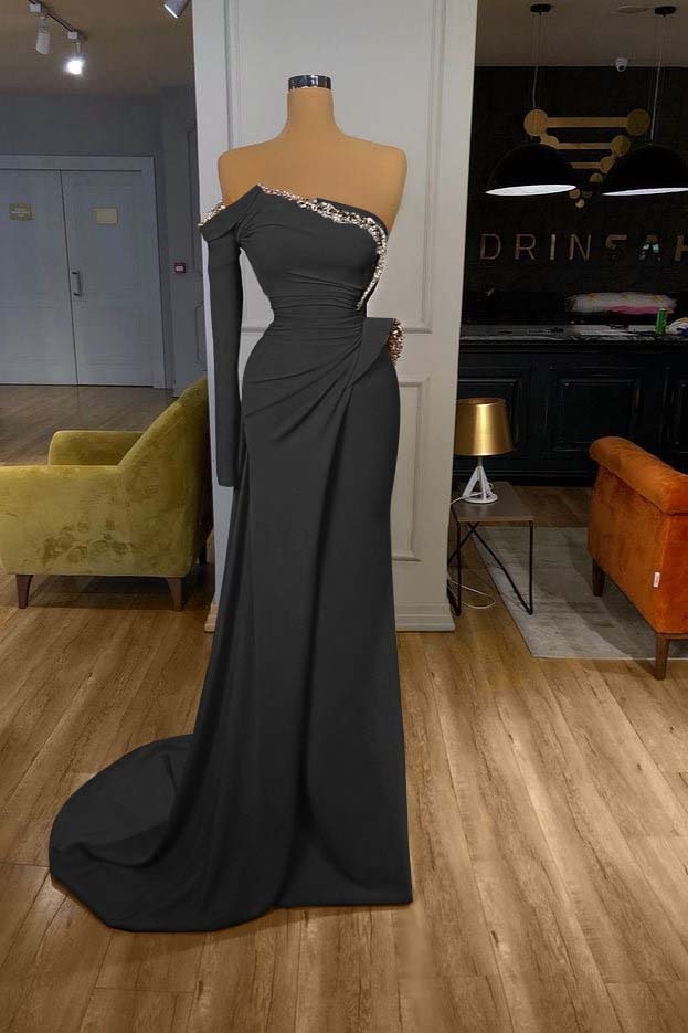 Orange Long Sleeves Sequins Long Pleated Mermaid Prom Dress With Beadings