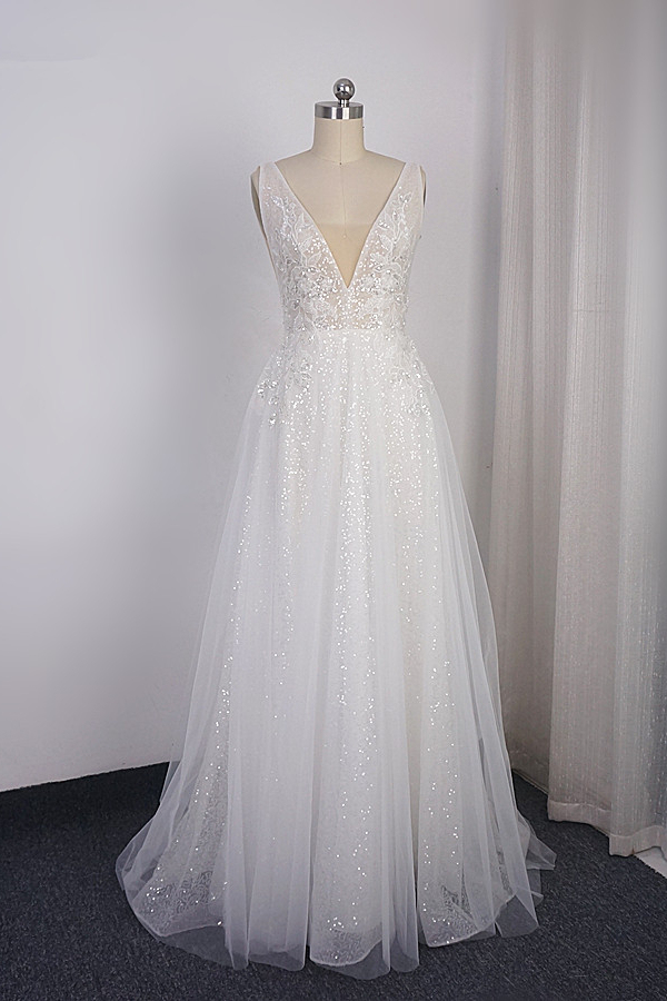 BMbridal Sparkly Sequined V-Neck Wedding Dress Tulle Sleeveless Beadings Bridal Gowns On Sale-BMbridal