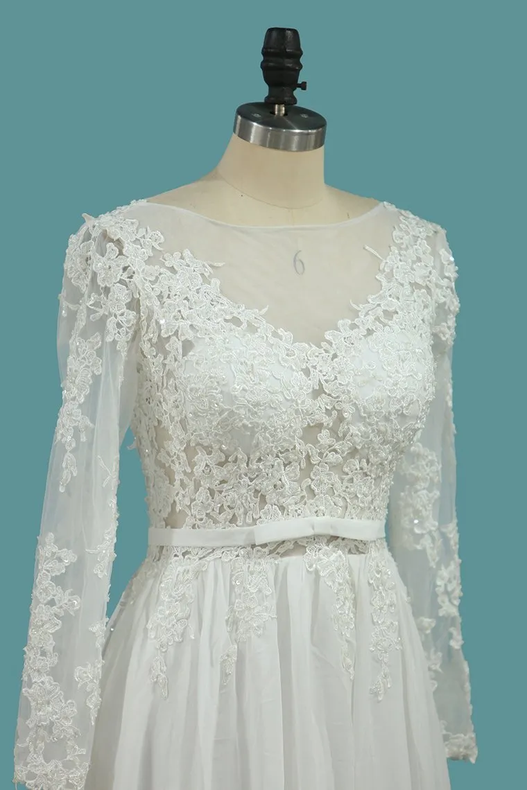 Elegant A-Line Chiffon Floor-Length Bateau Long Sleeves Wedding Dress with Ruffles