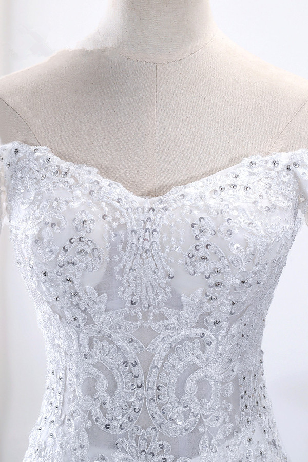 BMbridal Glamorous Off-the-Shoulder Short Sleeves Wedding Dress Sweetheart Mermaid Tulle Appliques Beadings Bridal Gowns On Sale-BMbridal