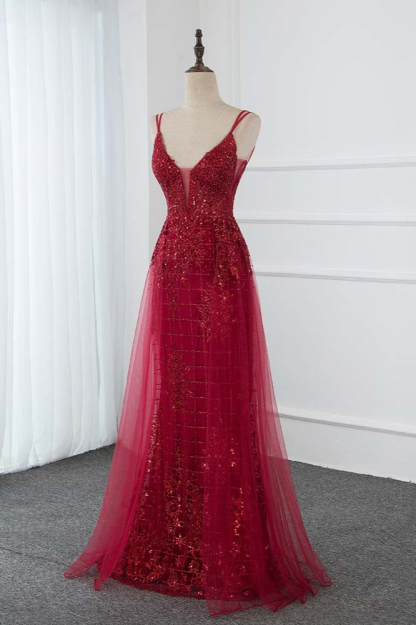 BMbridal Gorgeous Spaghetti Straps Burgundy Prom Dresses with Beading Appliques