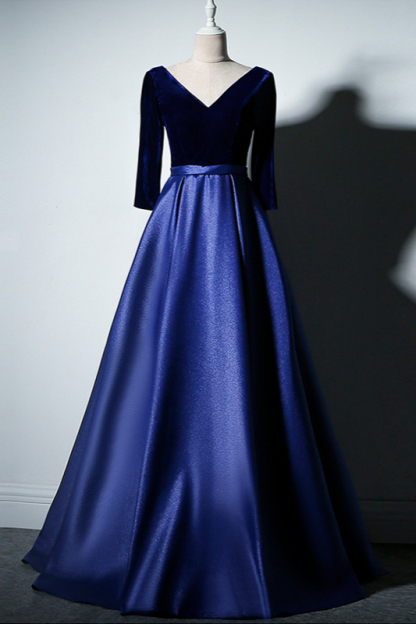 BMbridal Elegant V-Neck Satin A-Line Prom Dresses Long Sleeves Party Dresses On Sale
