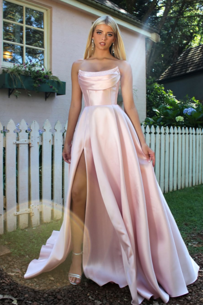 Strapless Sleeveless A Line Long Prom Dress With Split Pleated